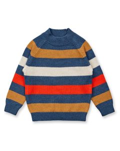 Children’s Knitted Sweater, Model EZRA, Blue-camel brown-grey-orange red stripes, Front part