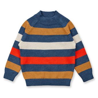 Children’s Knitted Sweater, Model EZRA, Blue-camel brown-grey-orange red stripes, Front part