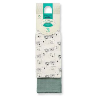 Muslin Clothes, Model BIOS, Bear faces print on white / Sage green, Front part